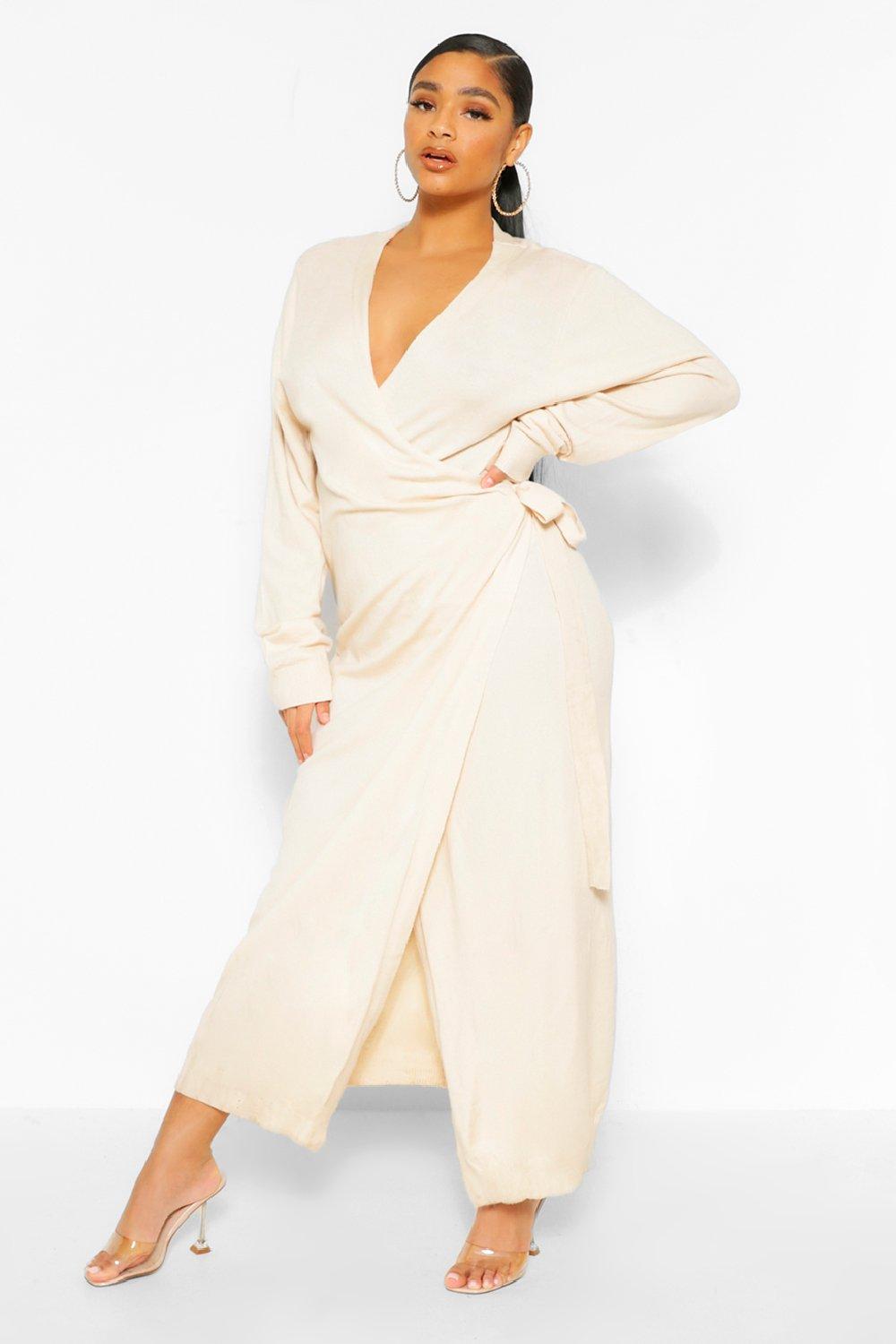 Plus Knitted Wrap Tie Waist Midi Dress 